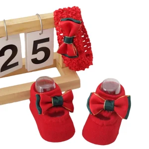 Adorable Christmas Bow Baby Girl  Socks with Matching Headband