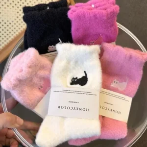 3Pairs Premium Feel Cozy Aussie Fleece Sock with Cute Kitten